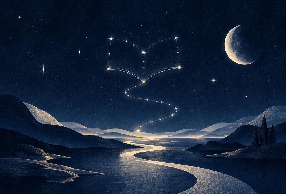 Constellation en forme de livre au-dessus d'un chemin lunaire