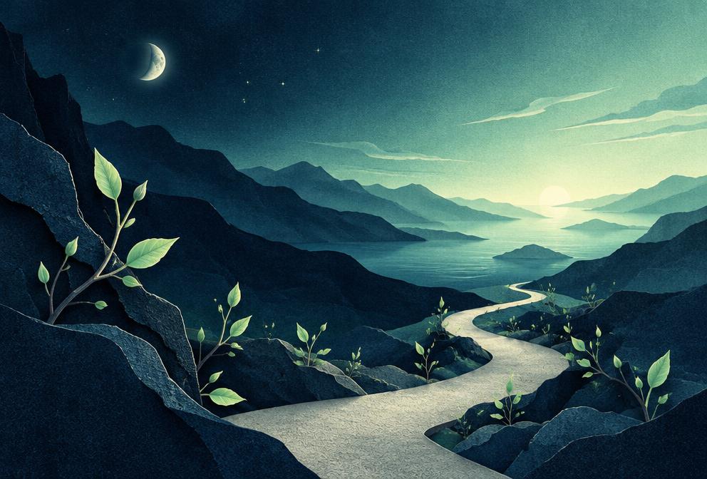 Chemin nocturne avançant vers une aube lumineuse